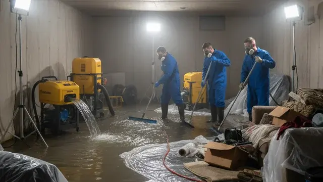 Basement flood cleanup with submersible pumps and drying equipment