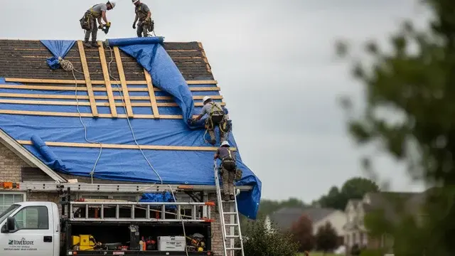 Emergency roof tarping and board-up services on a storm-damaged home