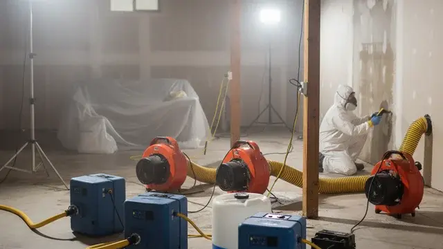 Industrial dehumidifiers and air movers performing structural drying