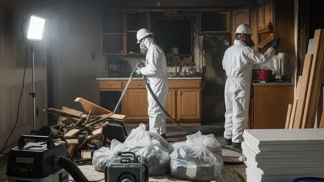 Fire damage restoration technicians cleaning a kitchen after a structure fire