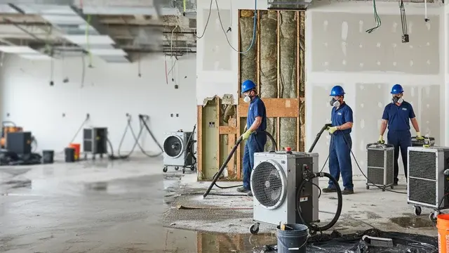 Flood damage restoration crew in full PPE cleaning a flooded interior