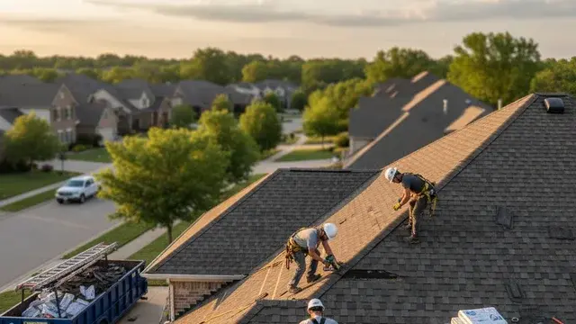 Hail-damaged roof being restored by professional contractors