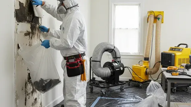 Mold damage cleanup with containment plastic and HEPA vacuuming