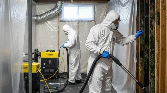 Mold remediation crew in full PPE working inside a contained affected area