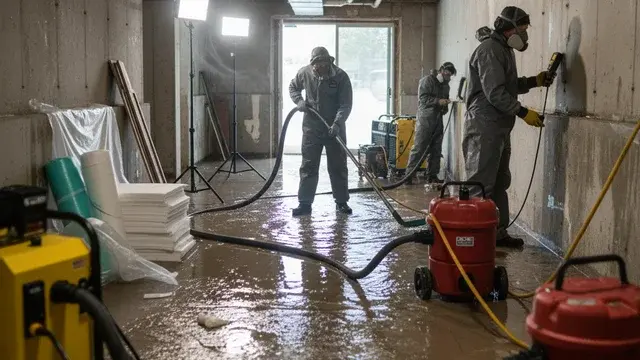 Plumbing overflow cleanup with extraction and sanitization equipment