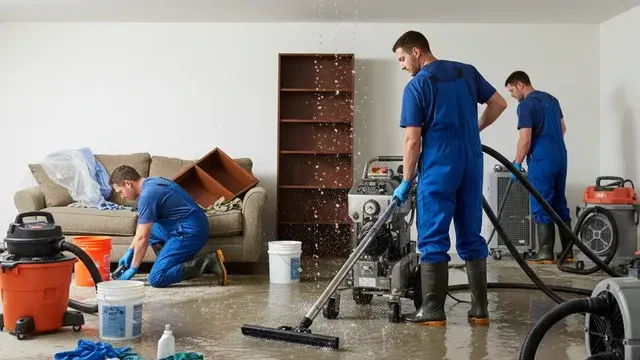 Technicians cleaning up water from a plumbing overflow incident