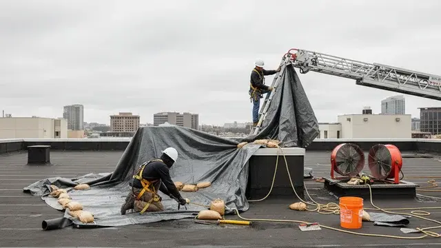 Emergency roof leak response with tarping and interior water mitigation