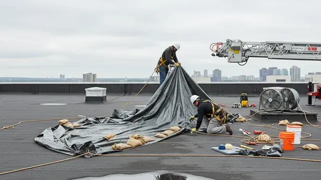 Roof leak repair after a storm with interior drying equipment