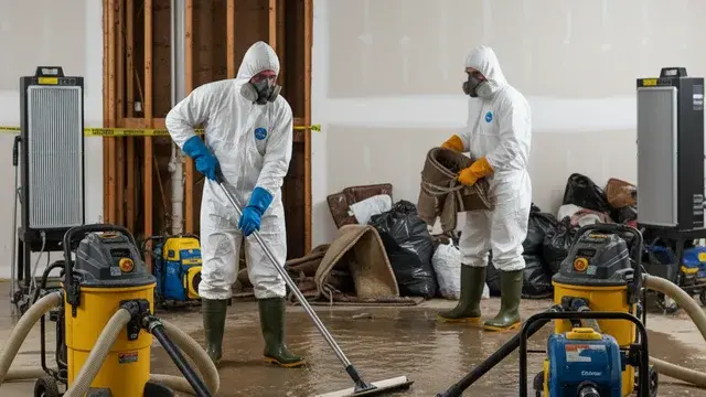 Sewage backup cleanup crew in full hazmat PPE with dedicated extraction equipment