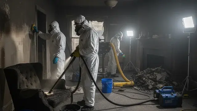 Technician cleaning smoke residue from walls and surfaces