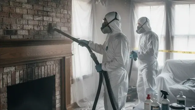 Technician performing soot cleanup on fire-damaged surfaces