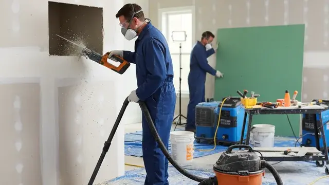 Wet drywall being removed and replaced by restoration technicians