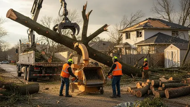 Wind damage restoration with debris removal and repair work